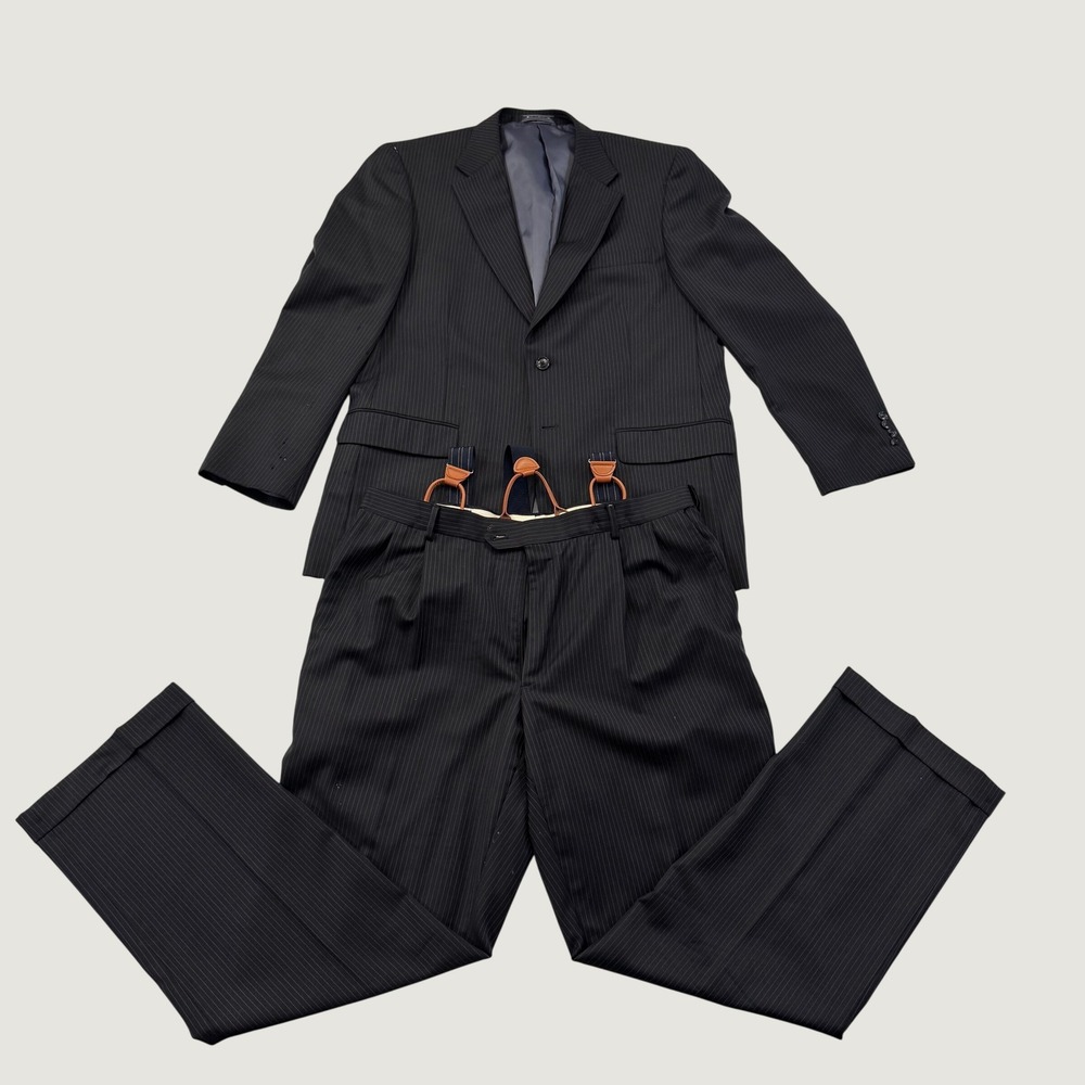 Saddlebred Wool Suit Mens 44L 36x32 Navy Pinstripe Jacket Pants Suspenders Flaws